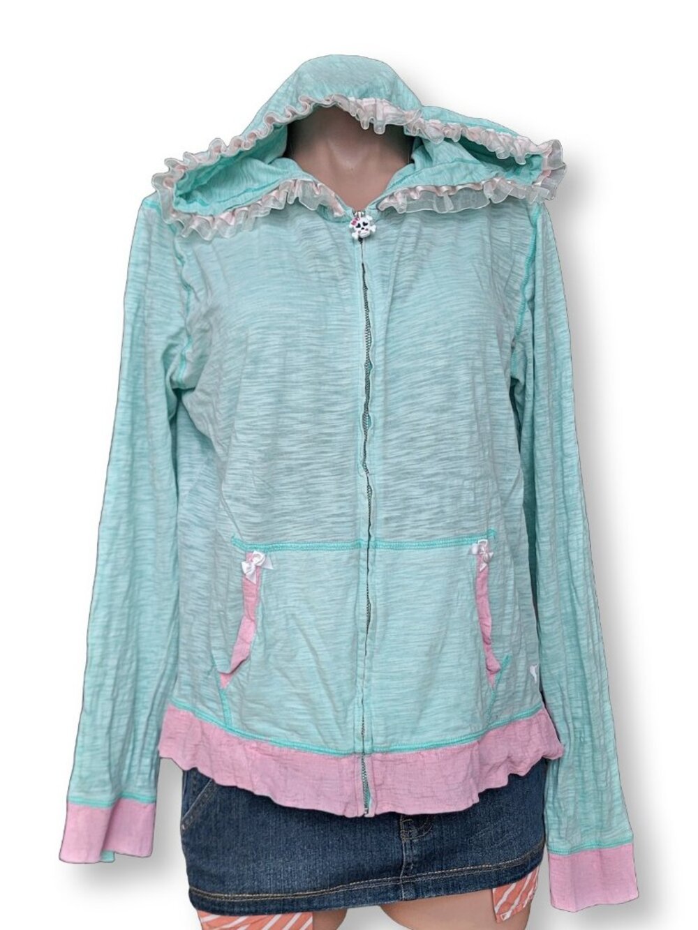 Victoria's Secret Pink Mint Lace Skull Cross Gyaru Goth Zip Up Hoodie (L)